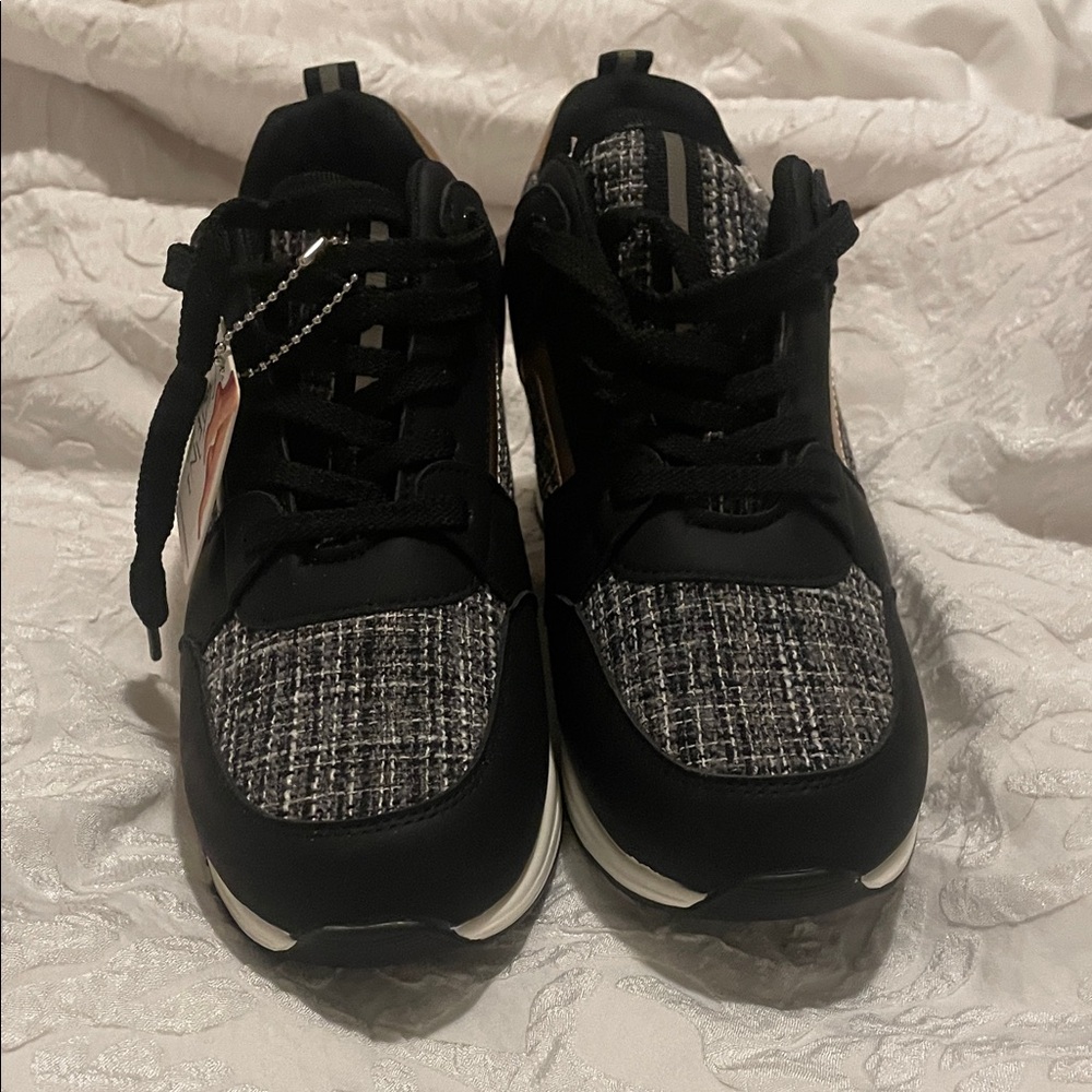 Women's Black and Gold Wedge Athletic Shoes - Picture 2 of 6